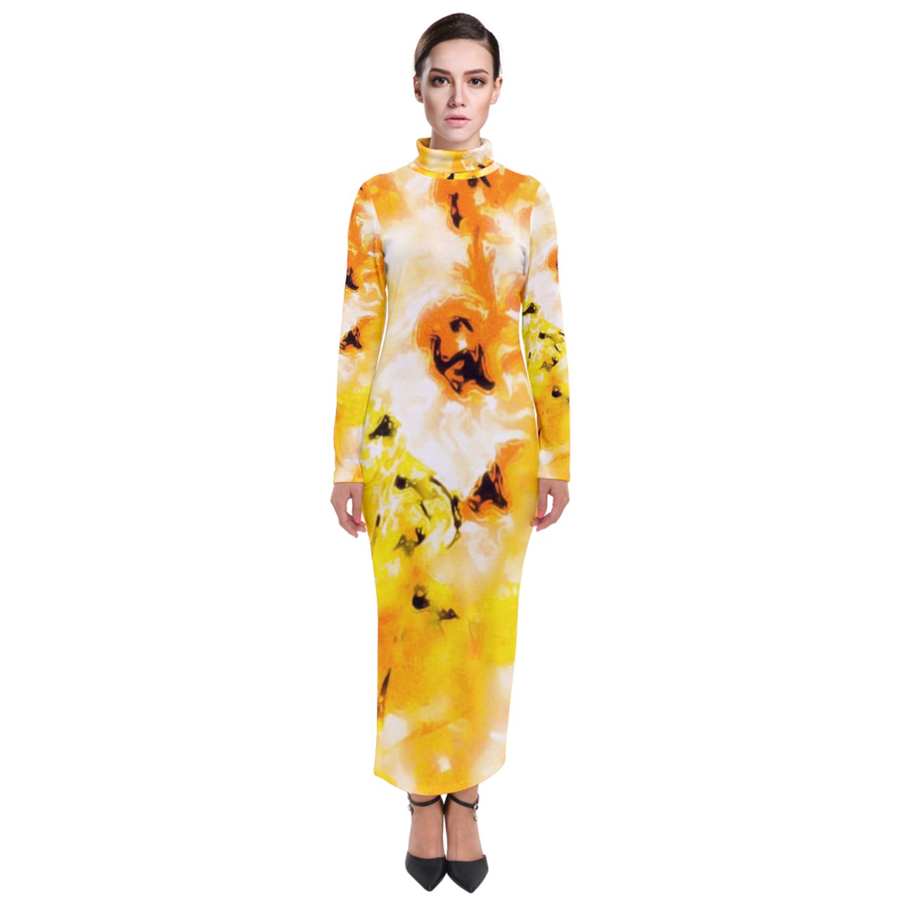 Turtleneck Maxi Dress Yellow Hibiscus Impressionist