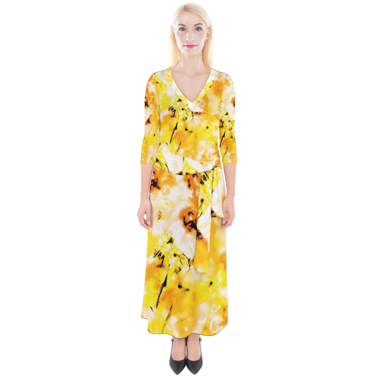 Quarter Sleeve Wrap Maxi Dress Yellow Hibiscus Impressionist