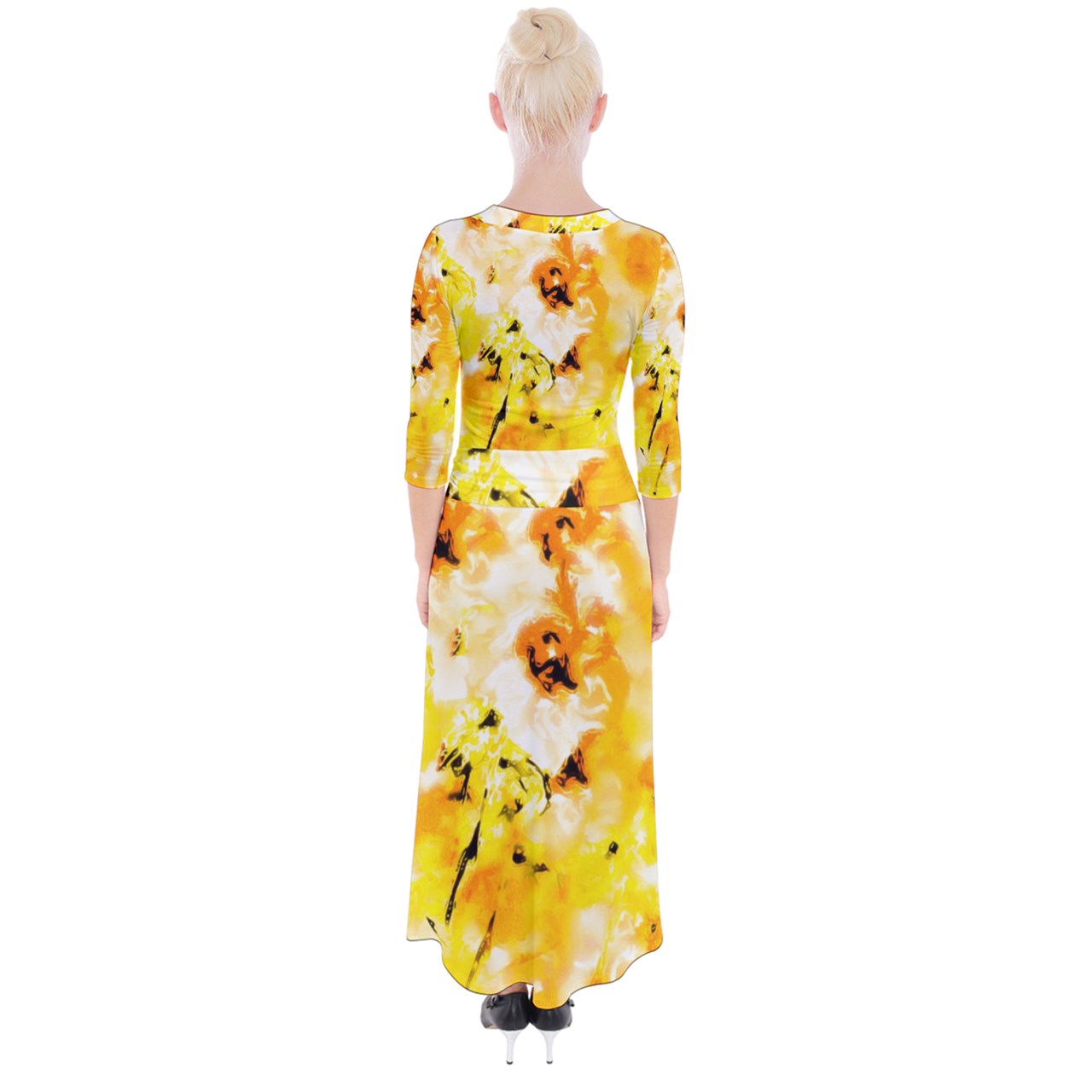 Quarter Sleeve Wrap Maxi Dress Yellow Hibiscus Impressionist