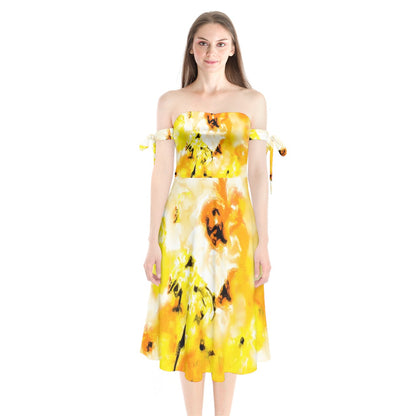 Shoulder Tie Bardot Midi Dress Yellow Hibiscus Impressionist by Luxtrini