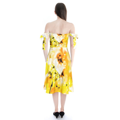 Shoulder Tie Bardot Midi Dress Yellow Hibiscus Impressionist by Luxtrini