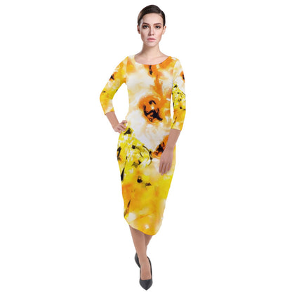 Quarter Sleeve Midi Velour Bodycon Dress Yellow Hibiscus Impressionist