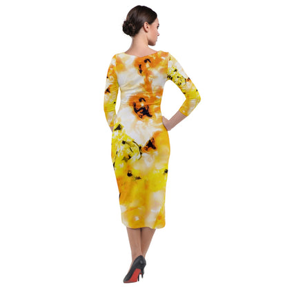 Quarter Sleeve Midi Velour Bodycon Dress Yellow Hibiscus Impressionist