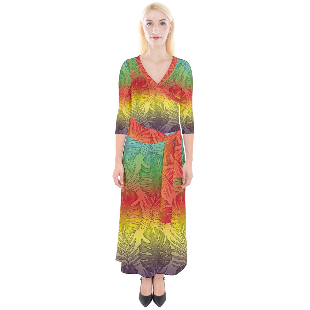 Quarter Sleeve Wrap Maxi Dress Hawaiian Tribal