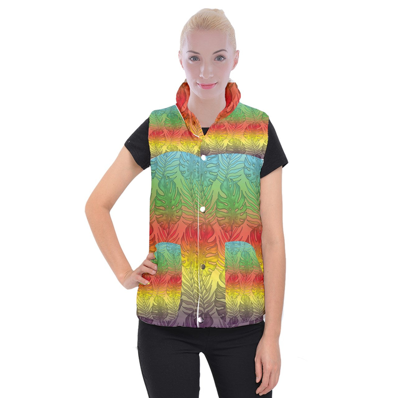 Women's Button Up Vest Rainbow Monstera 3XL