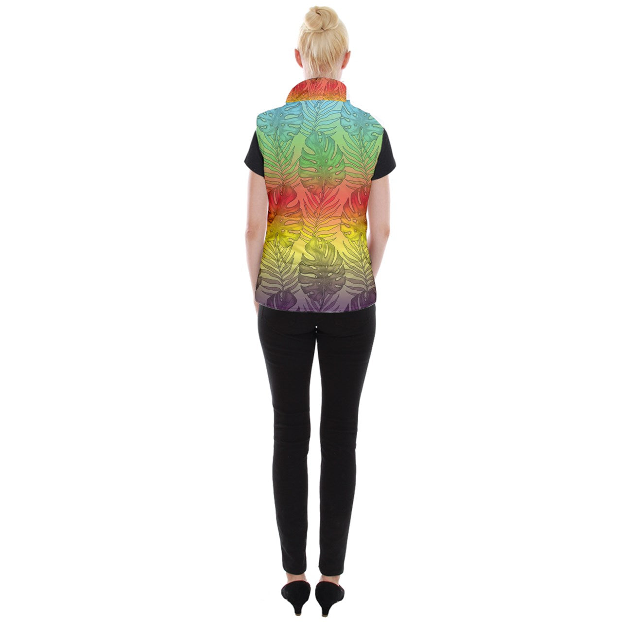 Women's Button Up Vest Rainbow Monstera