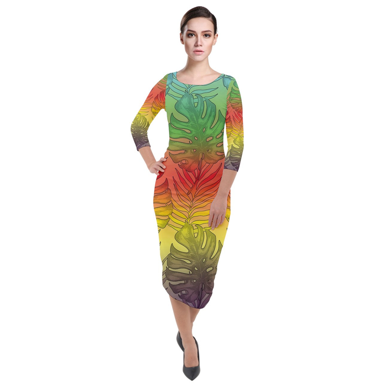 Quarter Sleeve Midi Velour Bodycon Dress Hawaiian Tribal