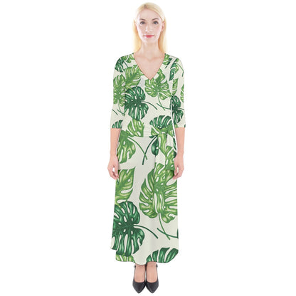 Quarter Sleeve Wrap Maxi Dress Tropical Palms