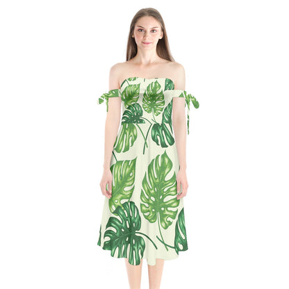 Shoulder Tie Bardot Midi Dress Tropical Palms by Luxtrini