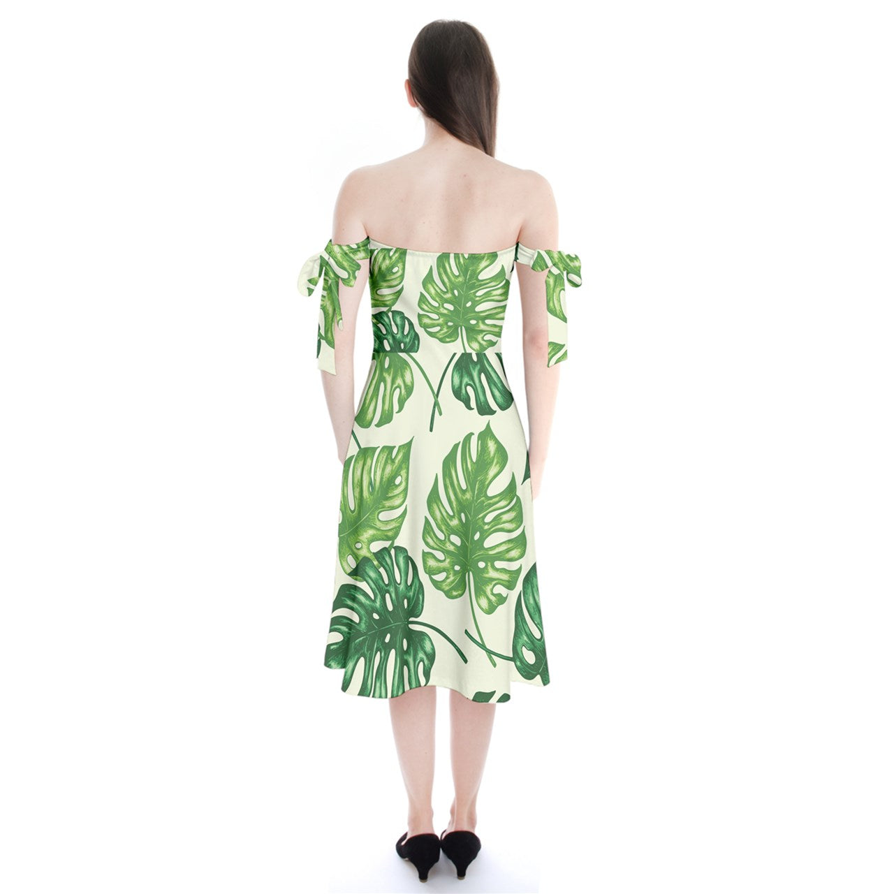 Shoulder Tie Bardot Midi Dress Tropical Palms by Luxtrini