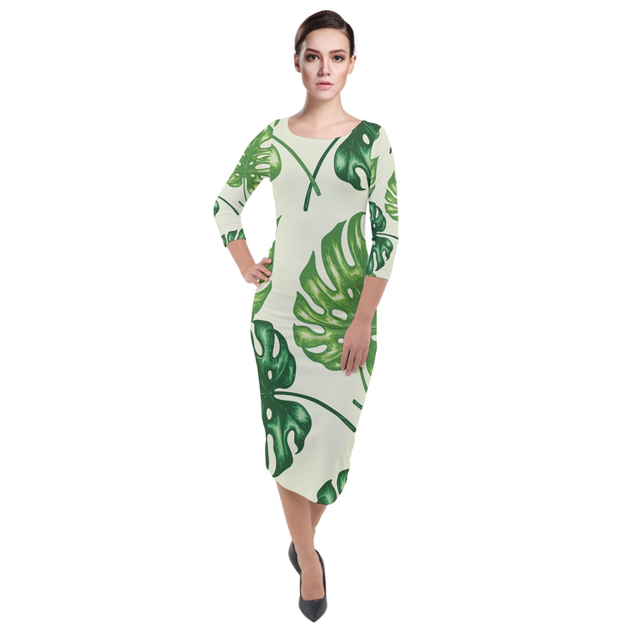 Quarter Sleeve Midi Velour Bodycon Dress Tropical Palms