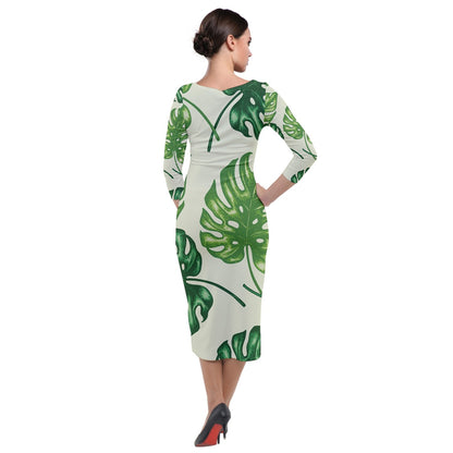 Quarter Sleeve Midi Velour Bodycon Dress Tropical Palms