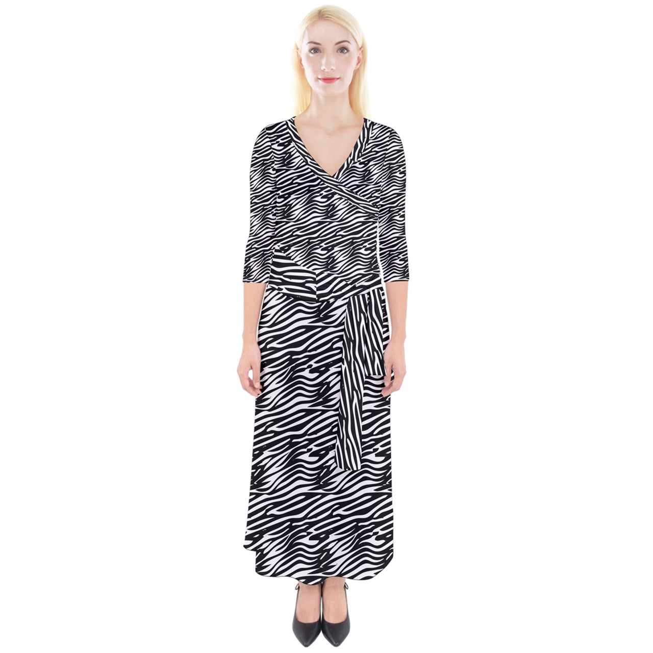 Quarter Sleeve Wrap Maxi Dress Black Stripes