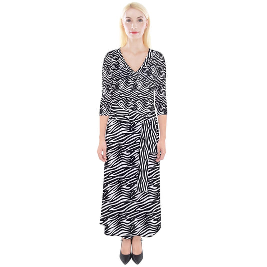 Quarter Sleeve Wrap Maxi Dress Black Stripes