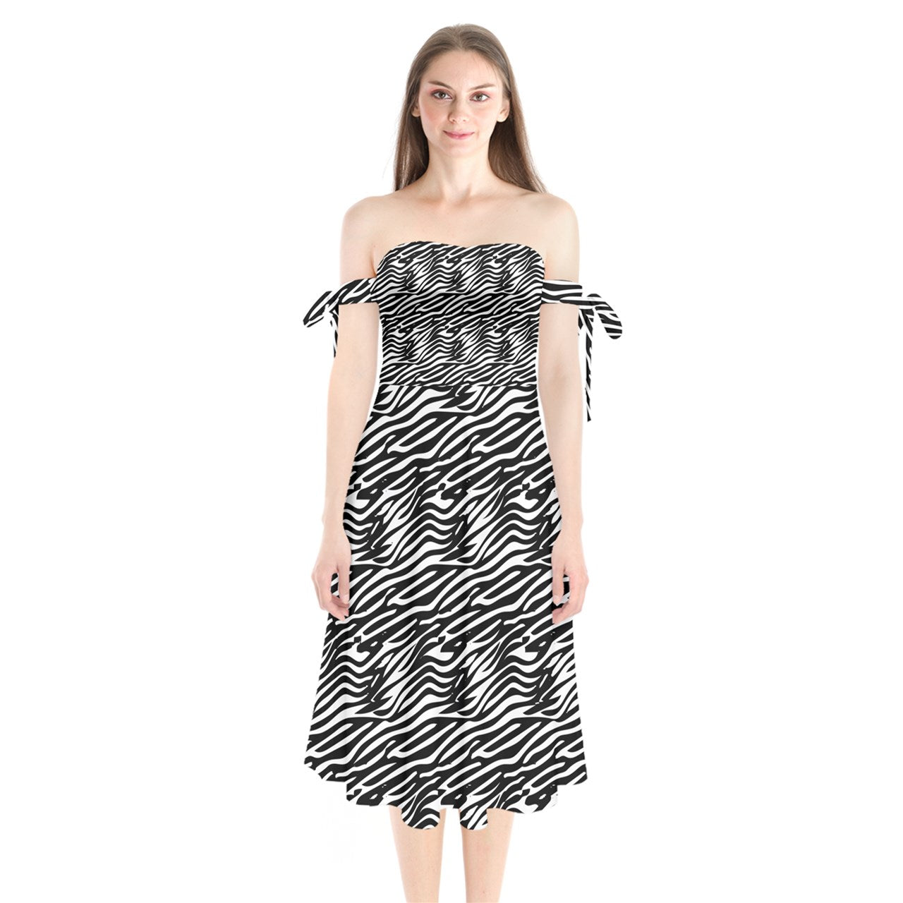 Shoulder Tie Bardot Midi Dress Black Stripes