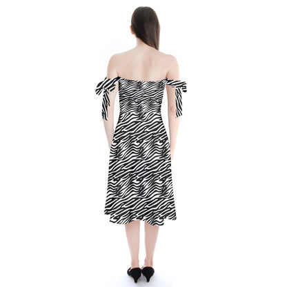 Shoulder Tie Bardot Midi Dress Black Stripes