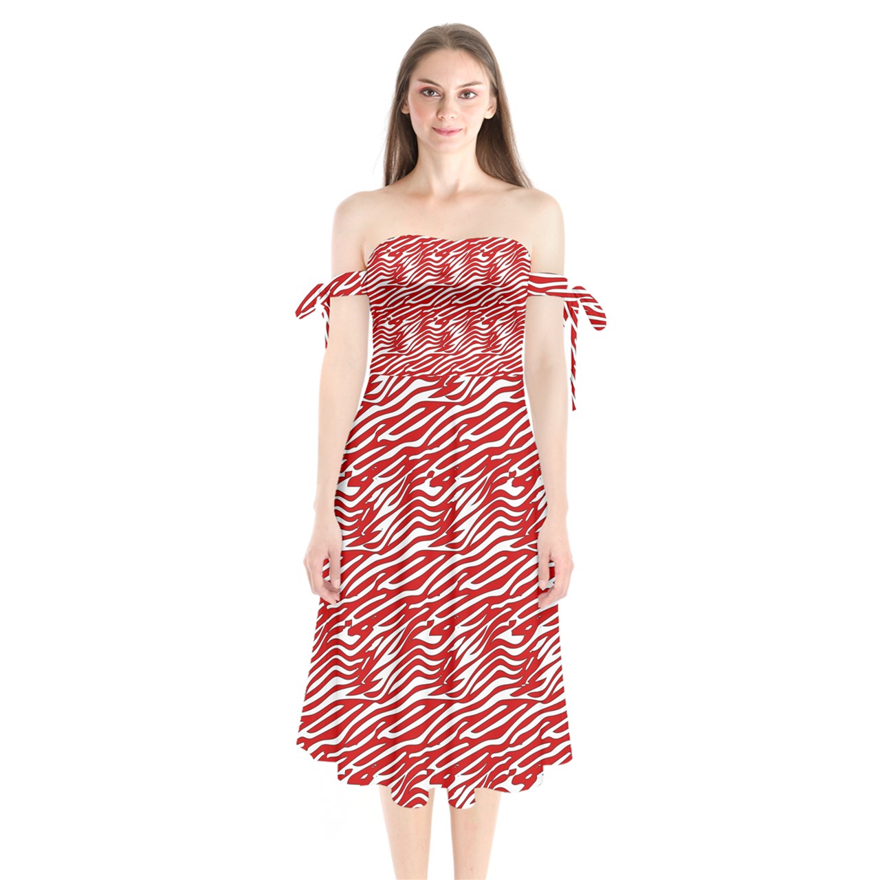 Shoulder Tie Bardot Midi Dress Red Stripes