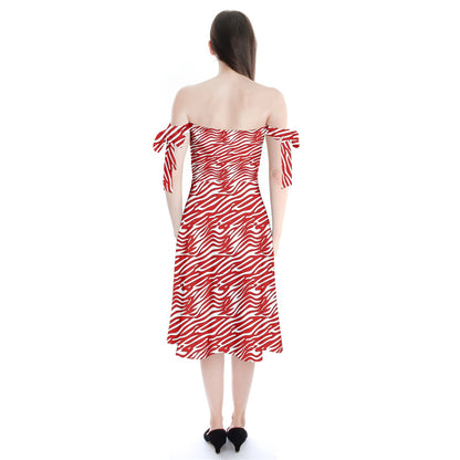 Shoulder Tie Bardot Midi Dress Red Stripes