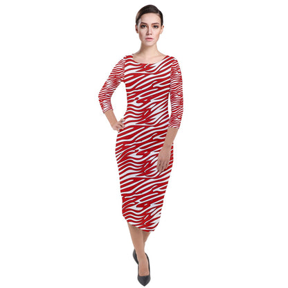 Quarter Sleeve Midi Velour Bodycon Dress Red Stripes