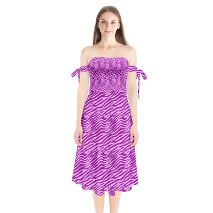 Shoulder Tie Bardot Midi Dress Pink and Purple Stripes