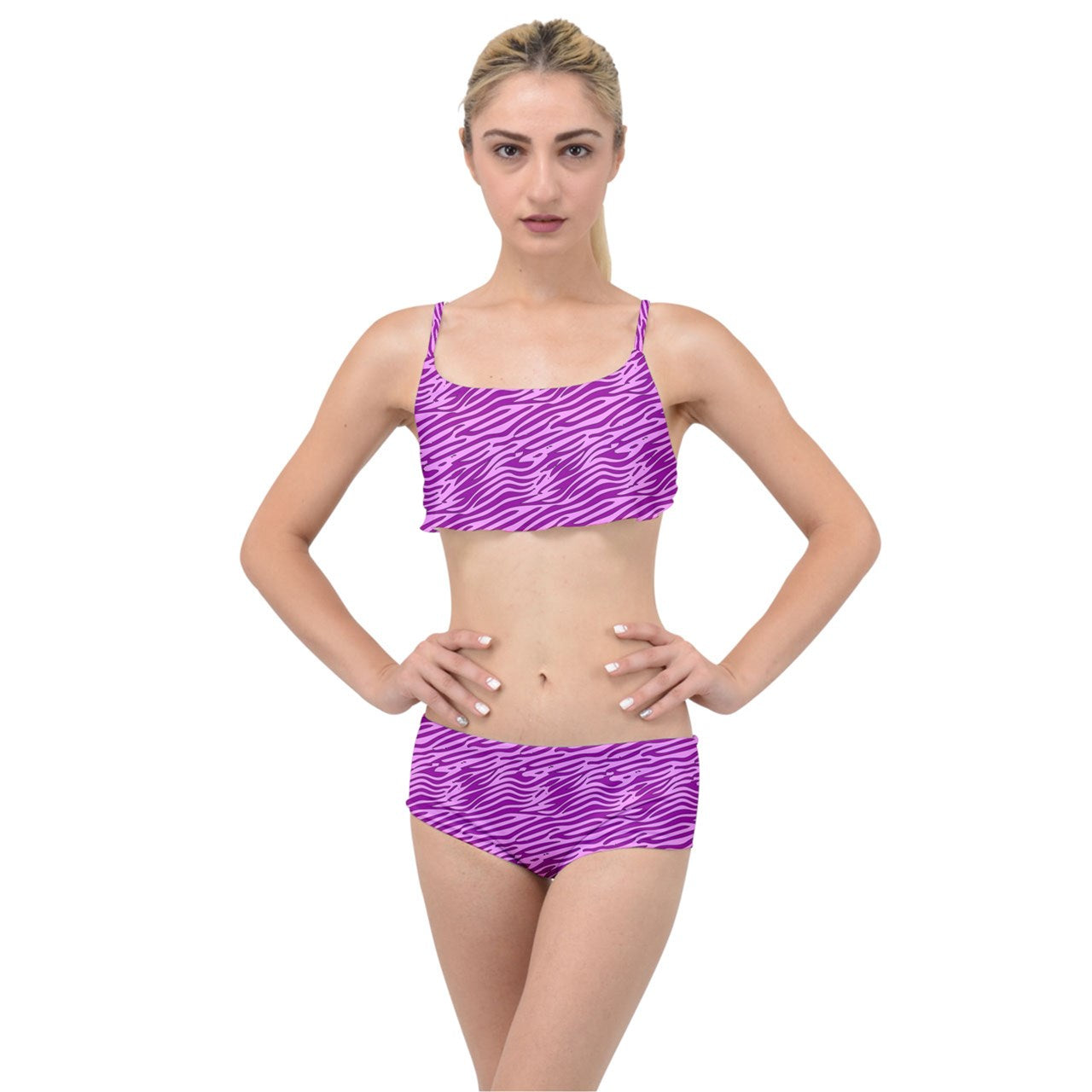 Layered Top Bikini Set Pink and Purple Stripes