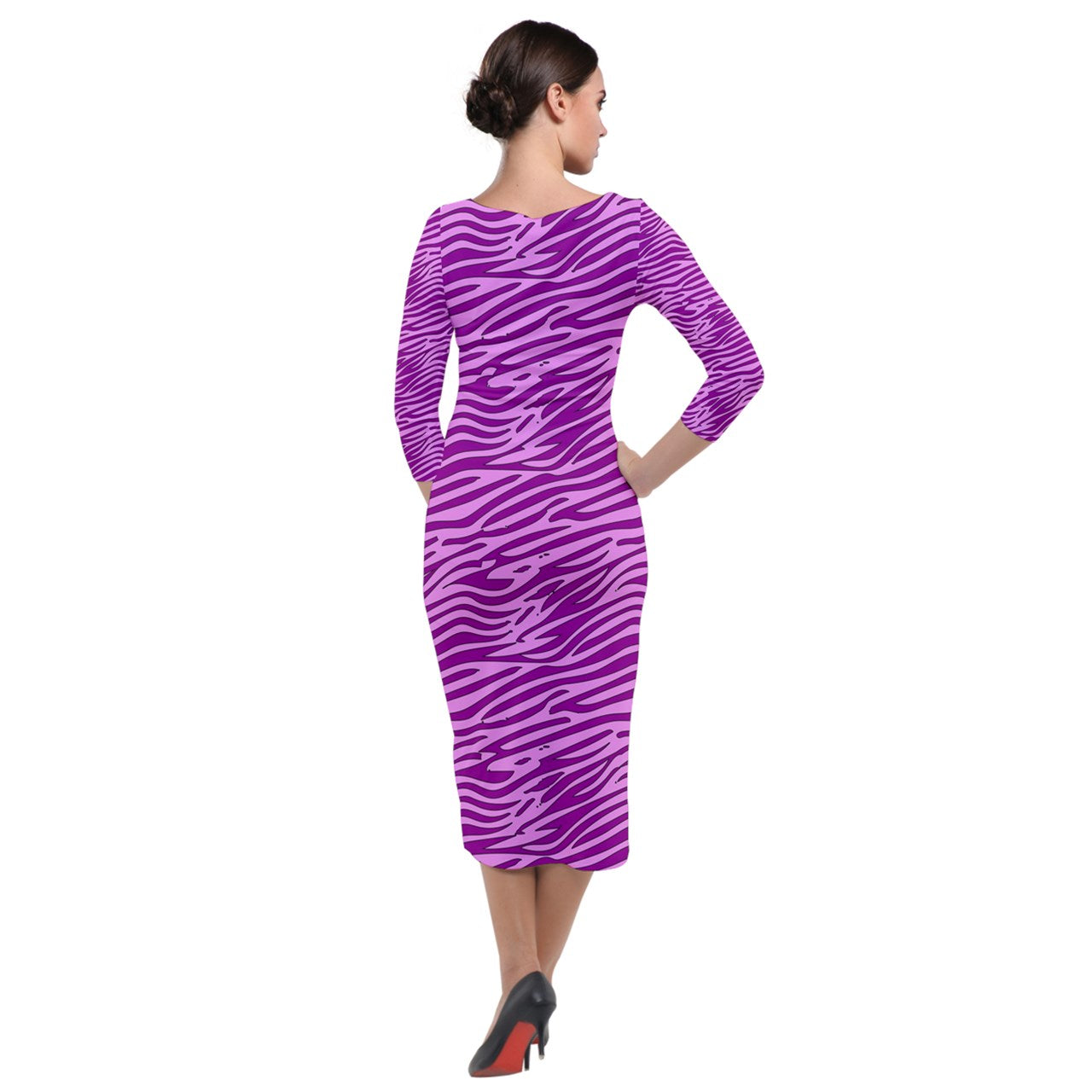 Quarter Sleeve Midi Velour Bodycon Dress Pink and Purple Stripes