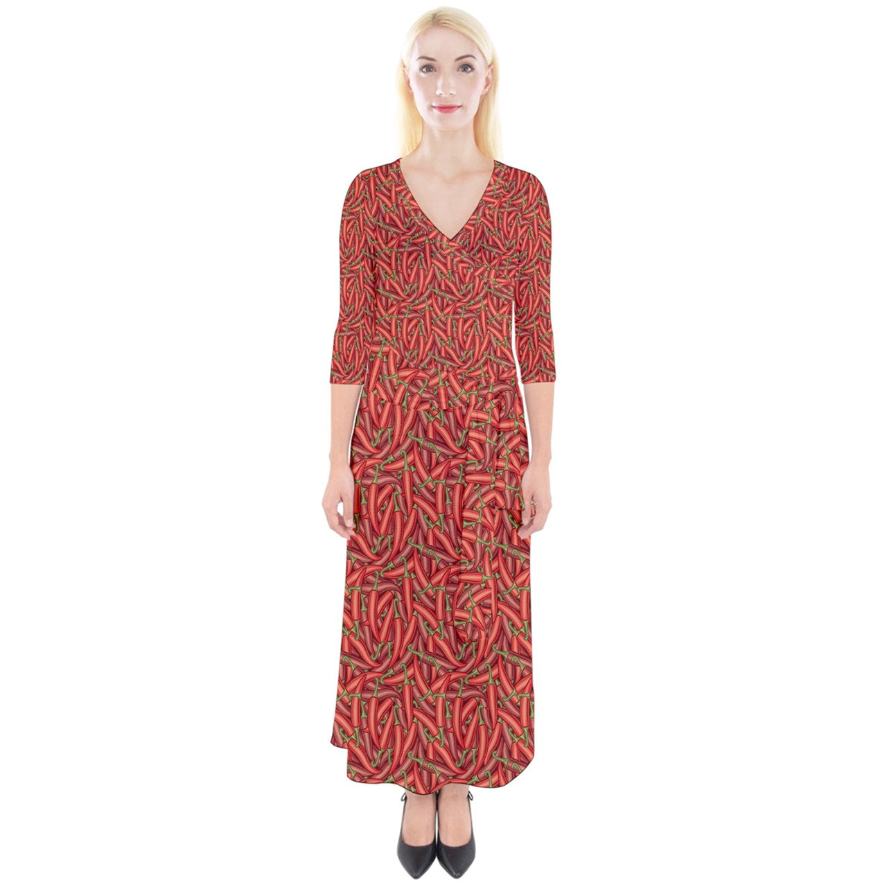 Quarter Sleeve Wrap Maxi Dress Chili Pepper