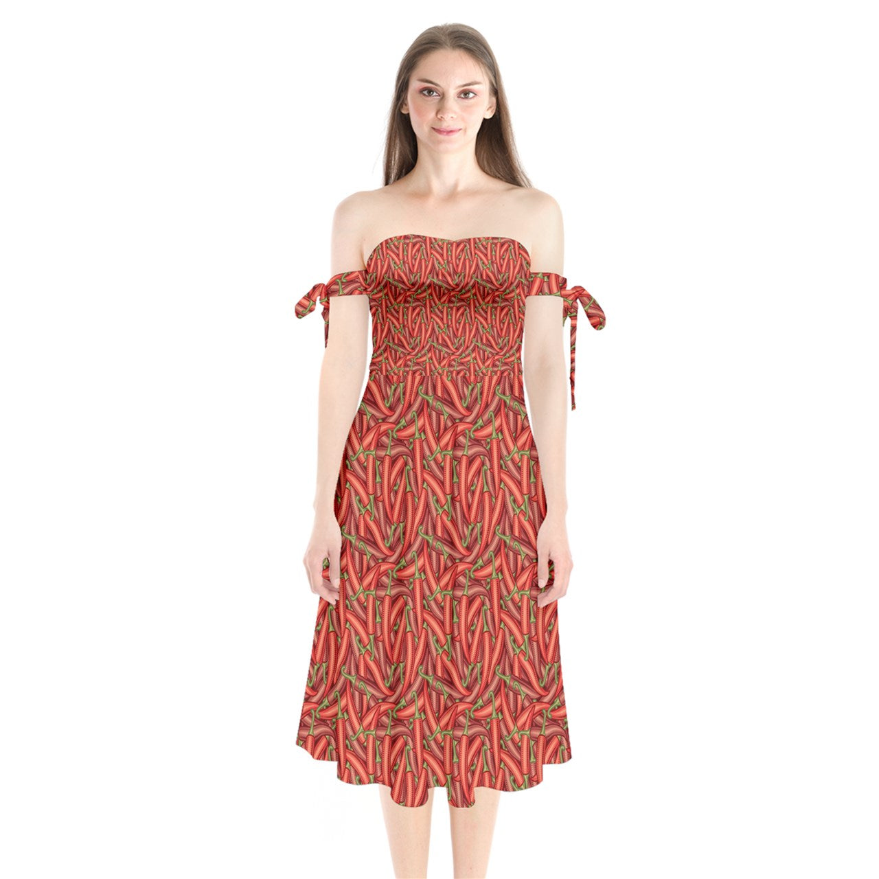 Shoulder Tie Bardot Midi Dress Chili Pepper