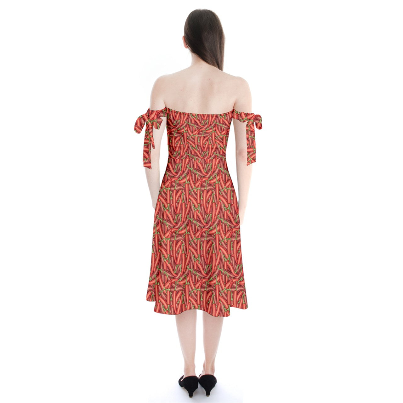 Shoulder Tie Bardot Midi Dress Chili Pepper