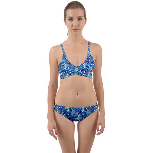 Blue And Gray Monstera Wrap Around Bikini Set