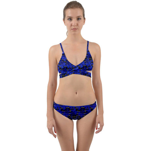 Blue Black Monstera With White Dots Wrap Around Bikini Set