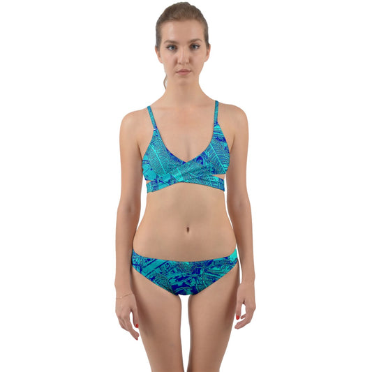 Blue Croton Leaves Wrap Around Bikini Set