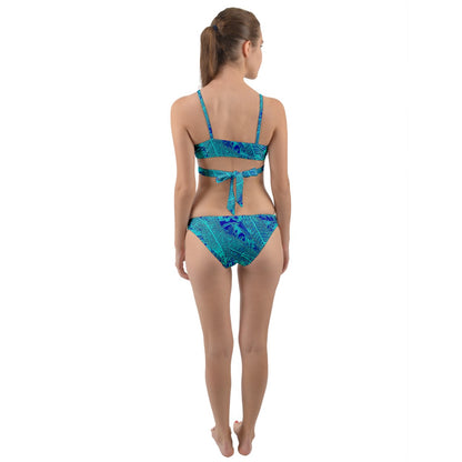 Blue Croton Leaves Wrap Around Bikini Set