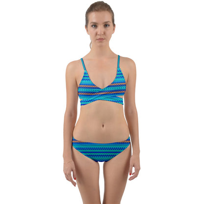 Blues Stripes Hibiscus Wrap Around Bikini Set