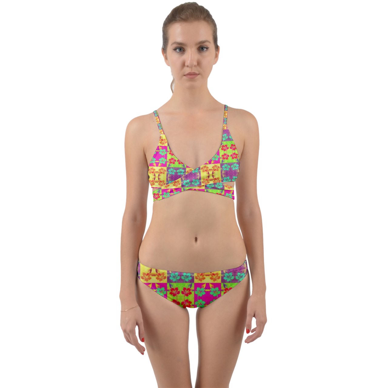 Bright Hibiscus Checkerboard Wrap Around Bikini Set