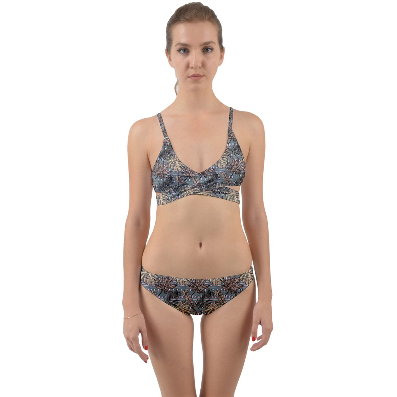 Brown Monstera With Palms Wrap Around Bikini Set