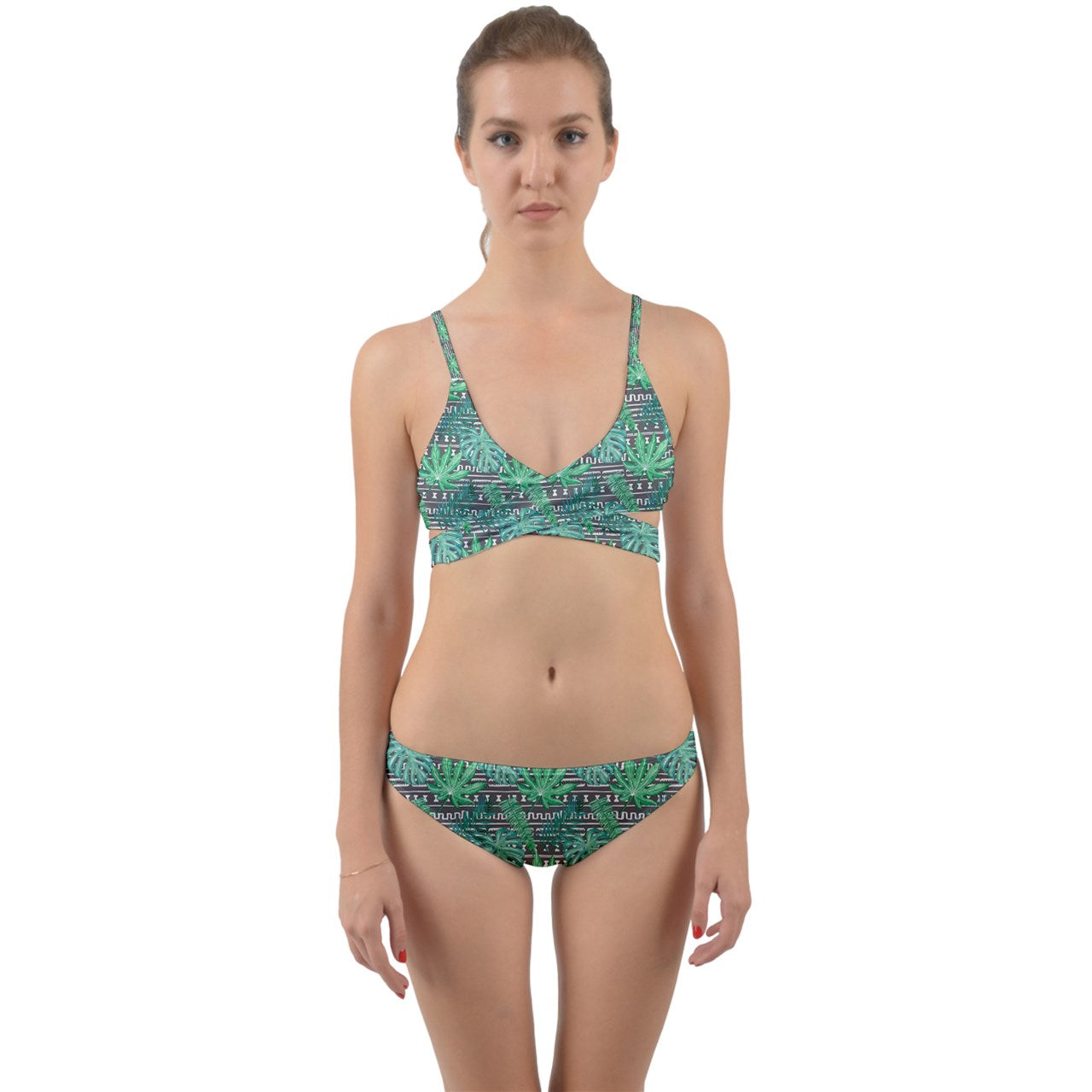 Dark Green Monstera Wrap Around Bikini Set