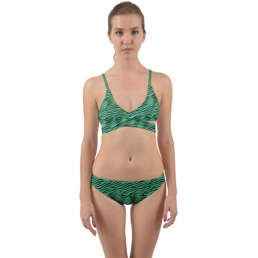 Green And Black Wavy Lines 1 Wrap Around Bikini Set