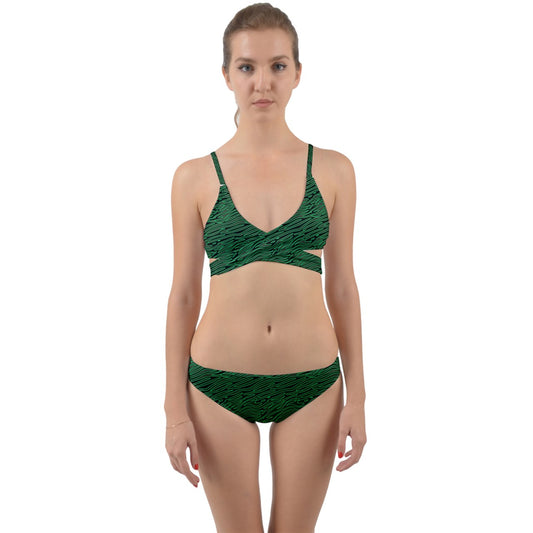 Green And Black Wavy Lines  Wrap Around Bikini Set