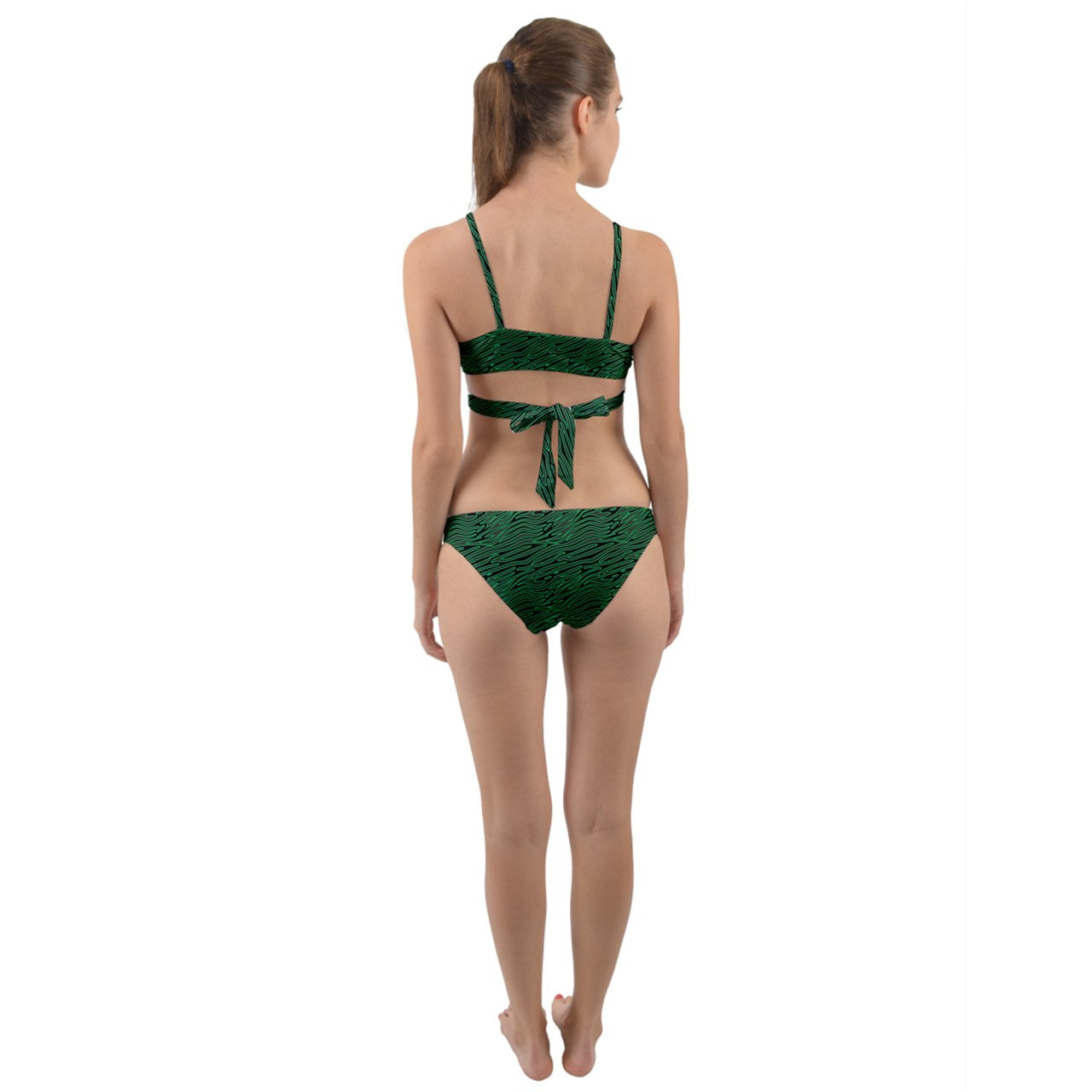 Green And Black Wavy Lines  Wrap Around Bikini Set