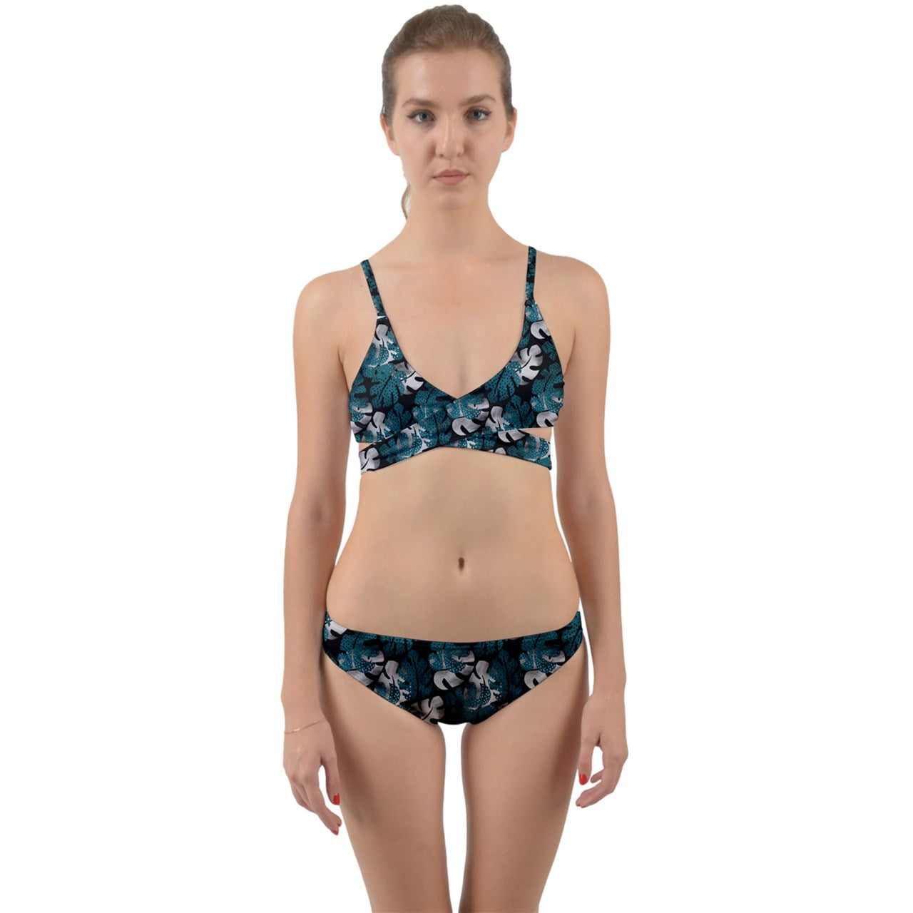 Green And Gray Monstera Wrap Around Bikini Set