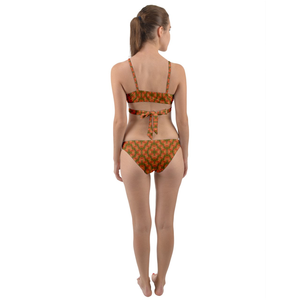 Green And Orange Hibiscus Diamonds Wrap Around Bikini Set