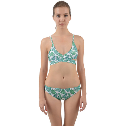 Green Monstera With Palms On White  Wrap Around Bikini Set