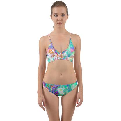 Green Purple Hibiscus Impressionist Wrap Around Bikini Set