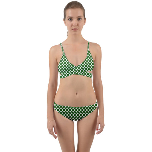 Green With Small White Polka Dots Wrap Around Bikini Set