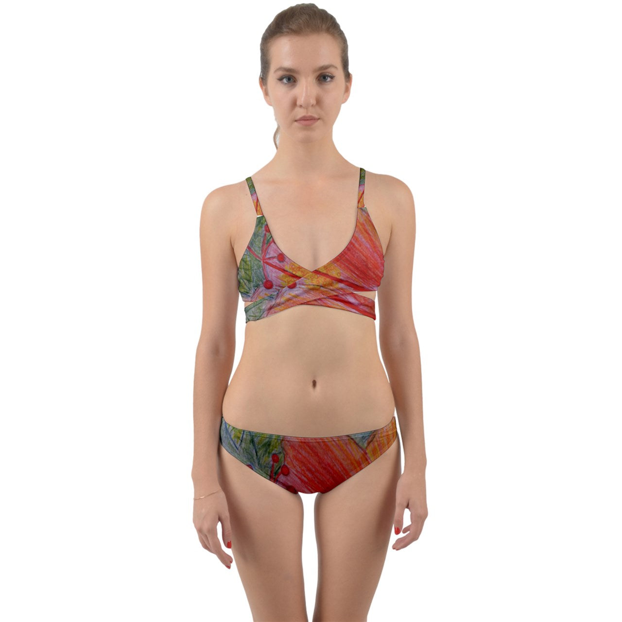 Handdrawn Orange Hibiscus On Green Wrap Around Bikini Set