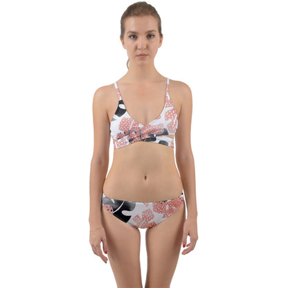 Large Beige And Black Monstera Wrap Around Bikini Set