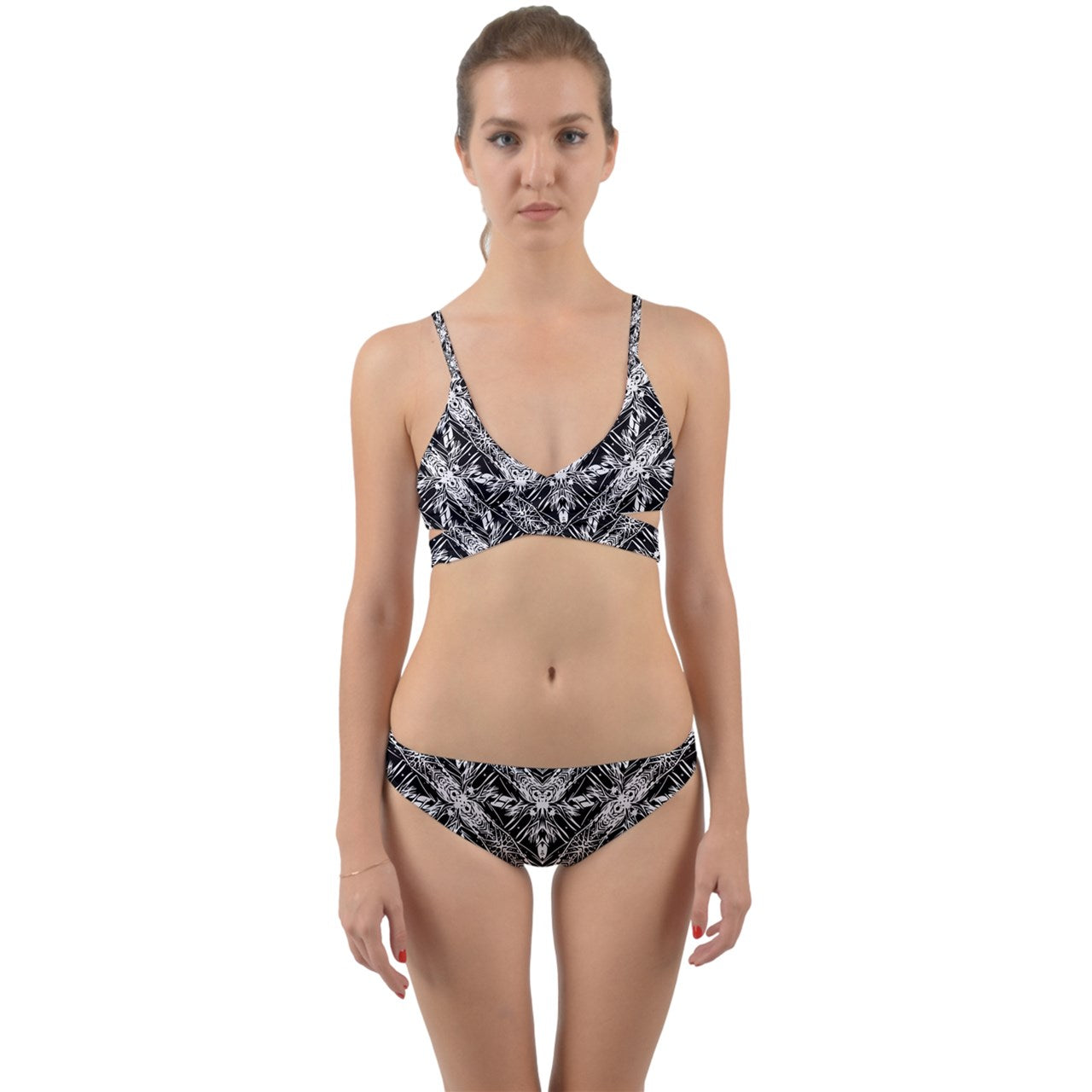 Large Black And White Fern Wrap Around Bikini Set