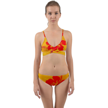 Large Red Hibiscus On Orange Wrap Around Bikini Set