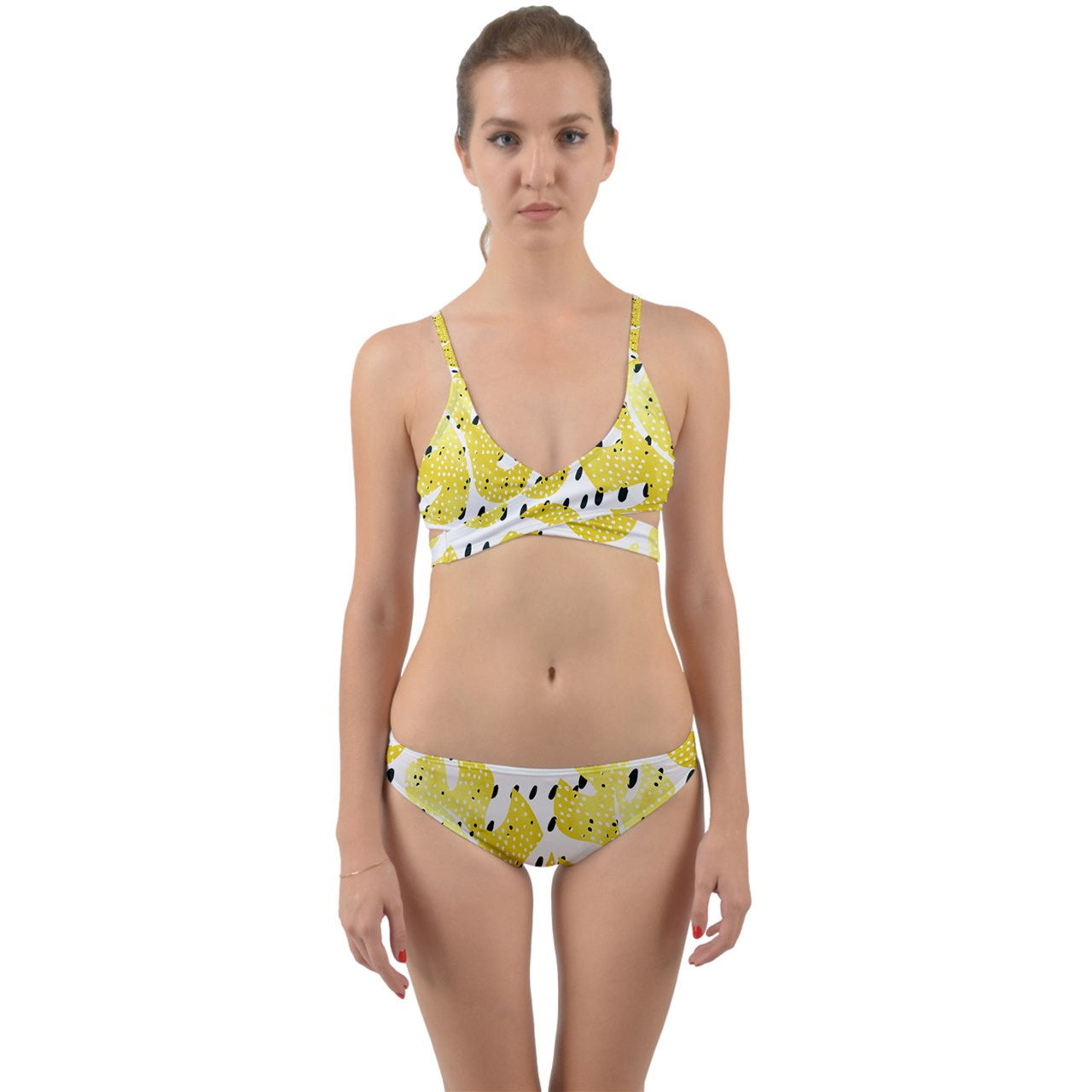 Large Yellow Monstera With Black Dots Wrap Around Bikini Set